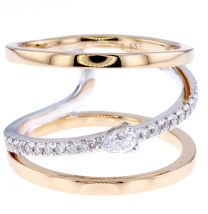 14Kt Rose And White Gold Wide Cross Bar Ring with Pear-Shaped/ Round Diamonds 