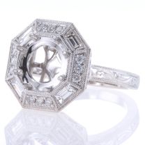 14Kt White Gold Milgrained Vintage Style Wide Octagonal Diamond Halo Ring To Add