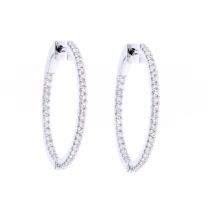 14Kt White Gold Round Prong Set Diamond Inside/Out Hinged Hoop Pierced Earrings