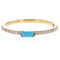 14Kt Yellow Gold Bar Set Baguette Turquoise And Diamond Stack Ring