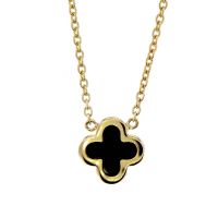 14Kt Yellow Gold 18" Adjustable Cable Chain Necklace With Onyx Quatrefoil Center